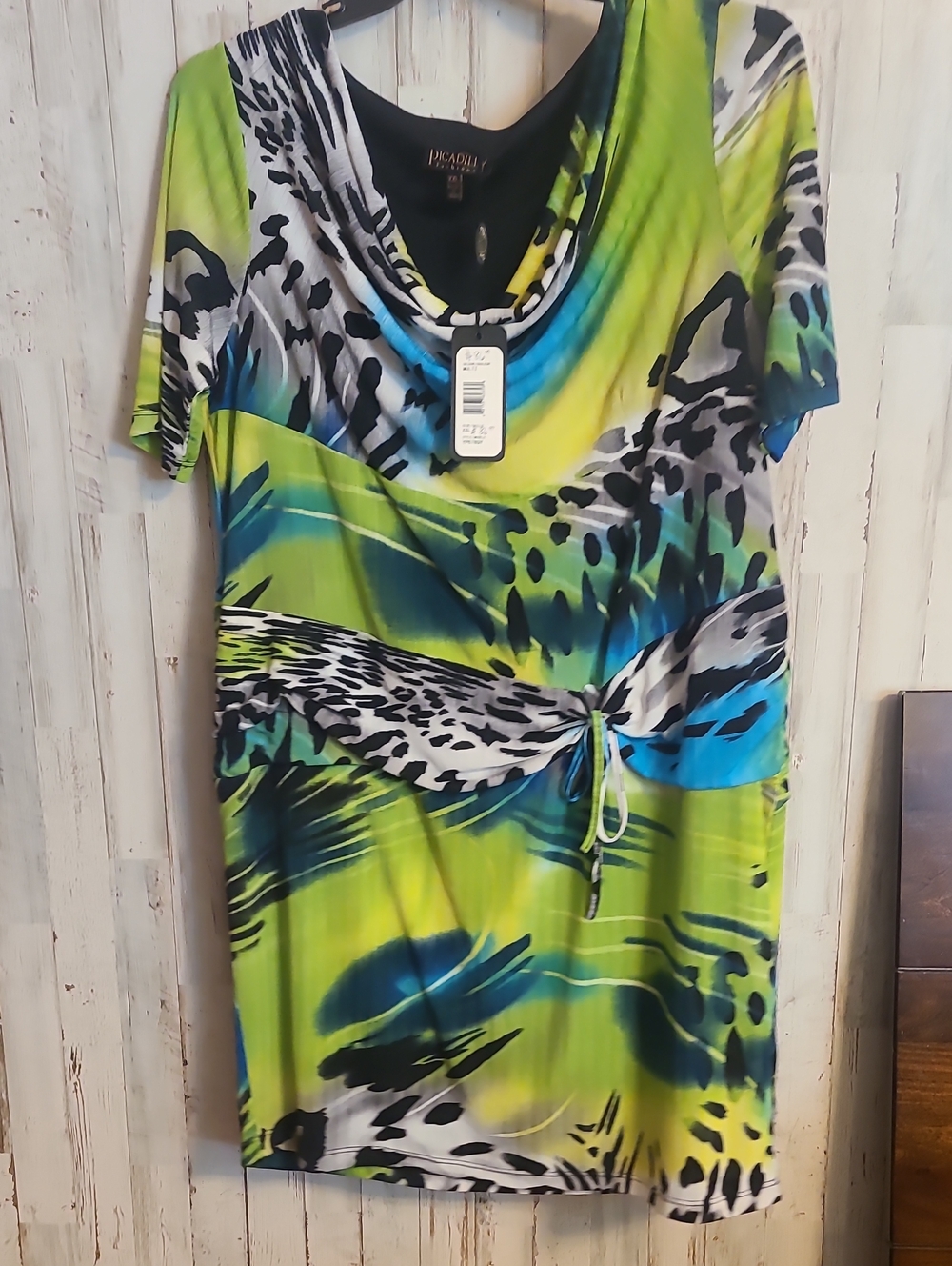 Picadilly Fashion Lime Green & Blue Animal-Print Cowl Tunic Dress